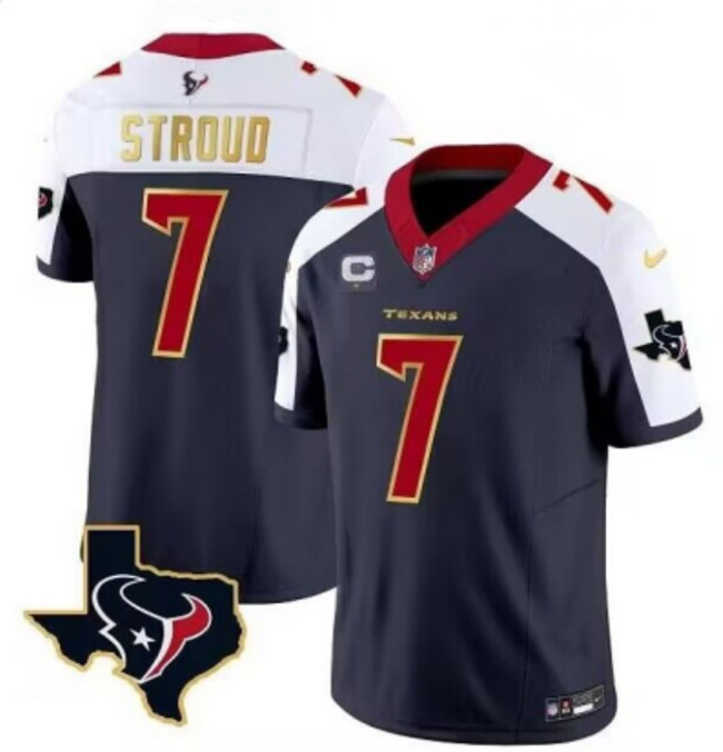 Personalized Men’s Houston Texans #7 C.J. Stroud Navy White Gold 2024 F.U.S.E. With 1-Star C Patch Limited Stitched Jersey