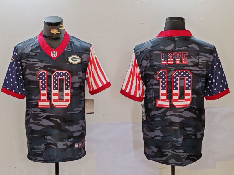 Personalized Men’s Green Bay Packers #10 Jordan Love Camo USA Flag Limited Stitched Football Jersey