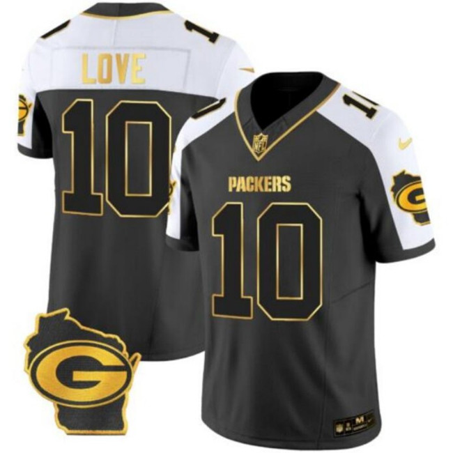 Personalized Men’s Green Bay Packers #10 Jordan Love Black White Gold 2024 F.U.S.E. Home Patch Untouchable Limited Stitched Jersey