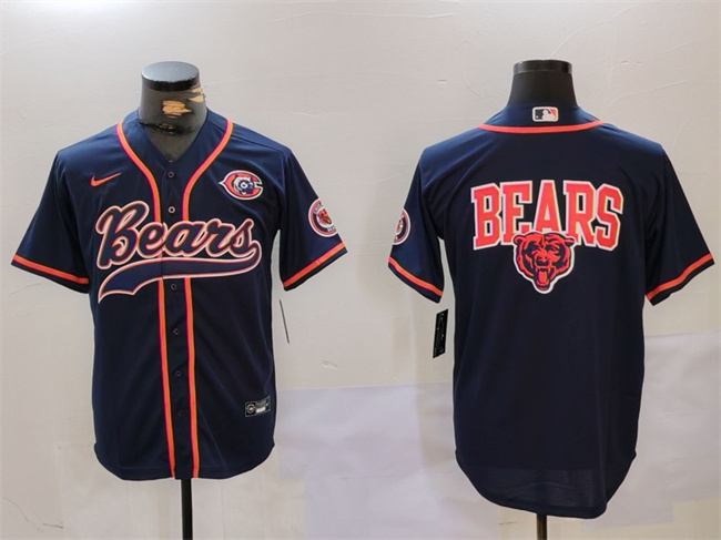 Personalized Men’s Chicago Bears Navy Team Big Logo With Patch Cool Base Stitched Baseball Jersey