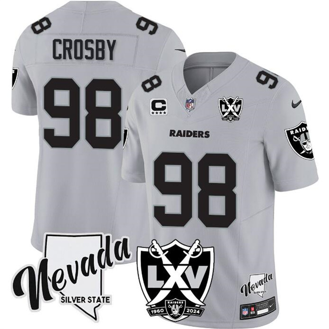 Personalized Men’s Las Vegas Raiders #98 Maxx Crosby Grey 2024 F.U.S.E With Nevada Silver Stat Patch And 65th Anniversary Patch 4-Star C Patch Stitched Football Jersey