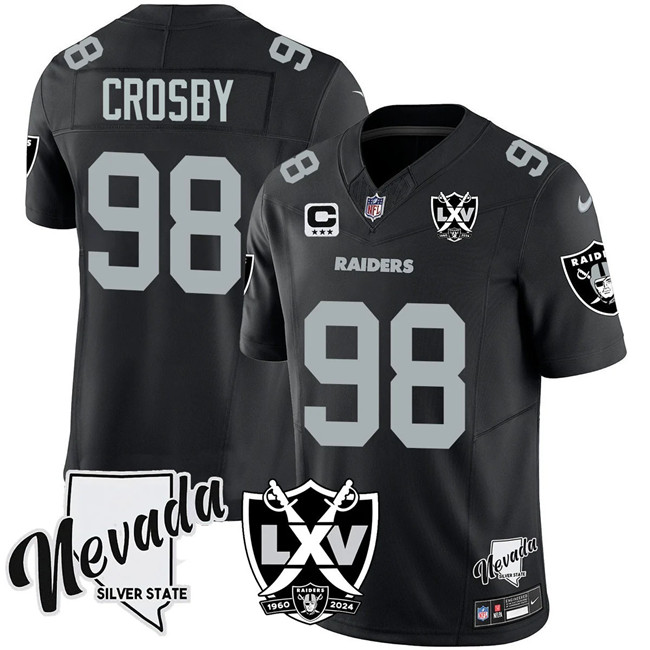 Personalized Men’s Las Vegas Raiders #98 Maxx Crosby Black 2024 F.U.S.E With Nevada Silver Stat Patch And 65th Anniversary Patch 3-Star C Patch Stitched Football Jersey