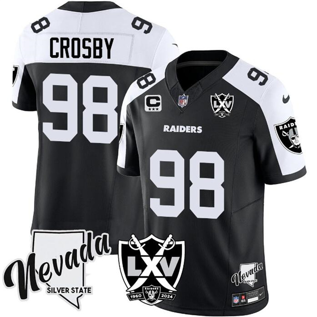 Personalized Men’s Las Vegas Raiders #98 Maxx Crosby Black White 2024 F.U.S.E With Nevada Silver Stat Patch And 65th Anniversary Patch 3-Star C Patch Stitched Football Jersey