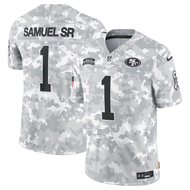 Personalized Men’s San Francisco 49ers #1 Deebo Samuel Sr 2024 Arctic Camo Salute To Service Limited Stitched Football Jersey
