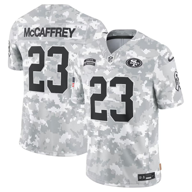 Personalized Men’s San Francisco 49ers #23 Christian McCaffrey 2024 Arctic Camo Salute To Service Limited Stitched Football Jersey