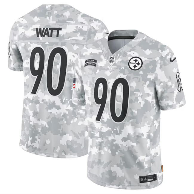 Personalized Men’s Pittsburgh Steelers #90 T. J. Watt 2024 Arctic Camo Salute To Service Limited Stitched Football Jersey