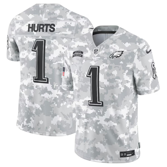 Personalized Men’s Philadelphia Eagles #1 Jalen Hurts 2024 Arctic Camo Salute To Service Limited Stitched Football Jersey