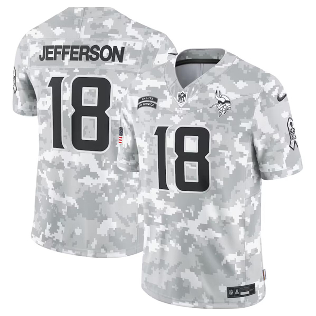 Personalized Men’s Minnesota Vikings #18 Justin Jefferson 2024 Arctic Camo Salute To Service Limited Stitched Football Jersey