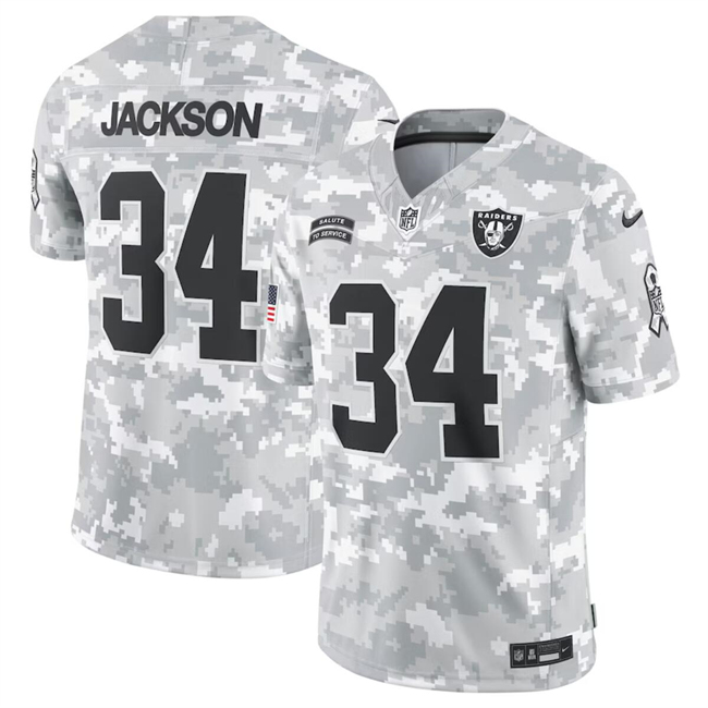 Personalized Men’s Las Vegas Raiders #34 Bo Jackson 2024 Arctic Camo Salute To Service Limited Stitched Football Jersey