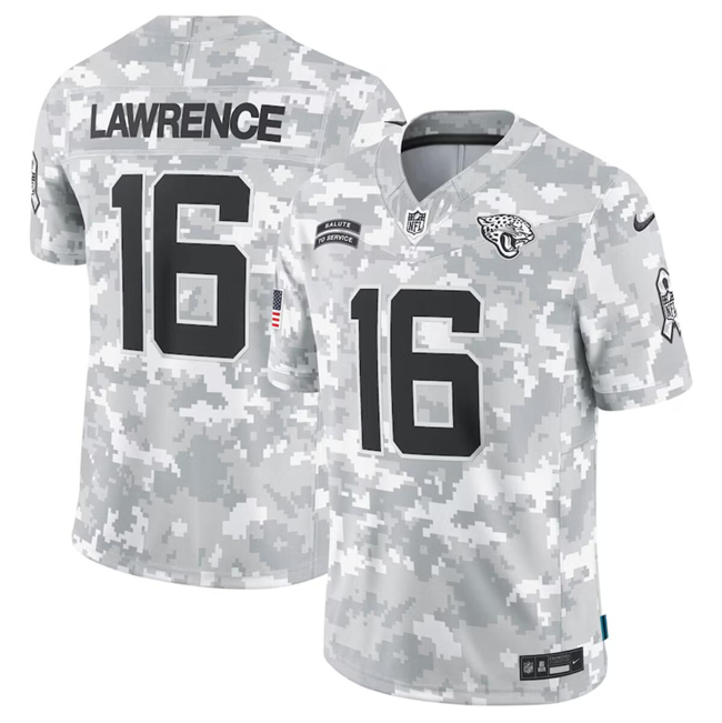 Personalized Men’s Jacksonville Jaguars #16 Trevor Lawrence 2024 Arctic Camo Salute To Service Limited Stitched Football Jersey