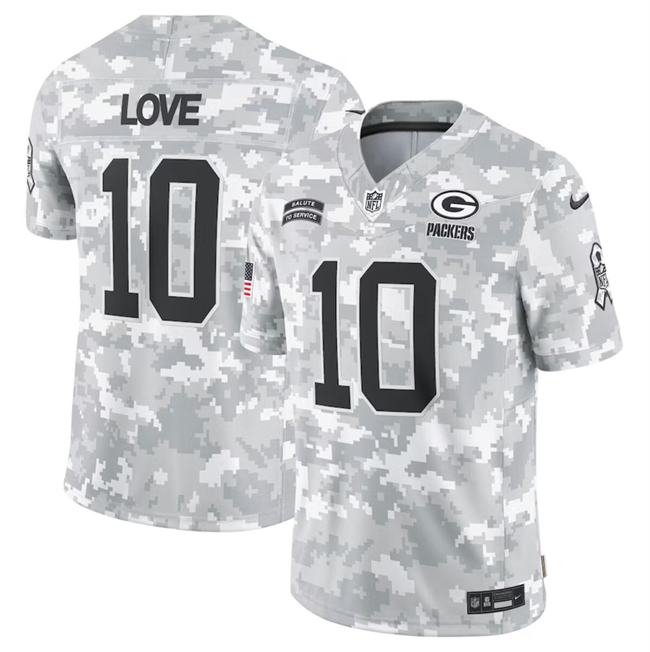 Personalized Men’s Green Bay Packers #10 Jordan Love 2024 Arctic Camo Salute To Service Limited Stitched Football Jersey