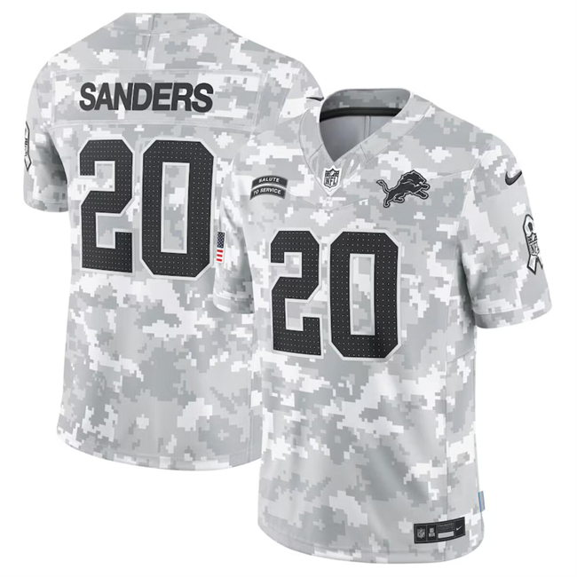 Personalized Men’s Detroit Lions #20 Barry Sanders 2024 Arctic Camo Salute To Service Limited Stitched Football Jersey