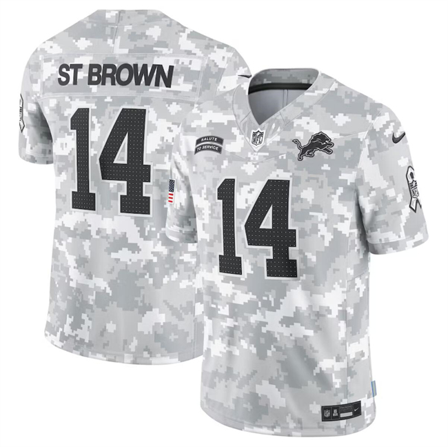 Personalized Men’s Detroit Lions #14 Amon-Ra St. Brown 2024 Arctic Camo Salute To Service Limited Stitched Football Jersey