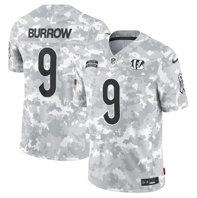 Personalized Men’s Cincinnati Bengals #9 Joe Burrow 2024 Arctic Camo Salute To Service Limited Stitched Football Jersey