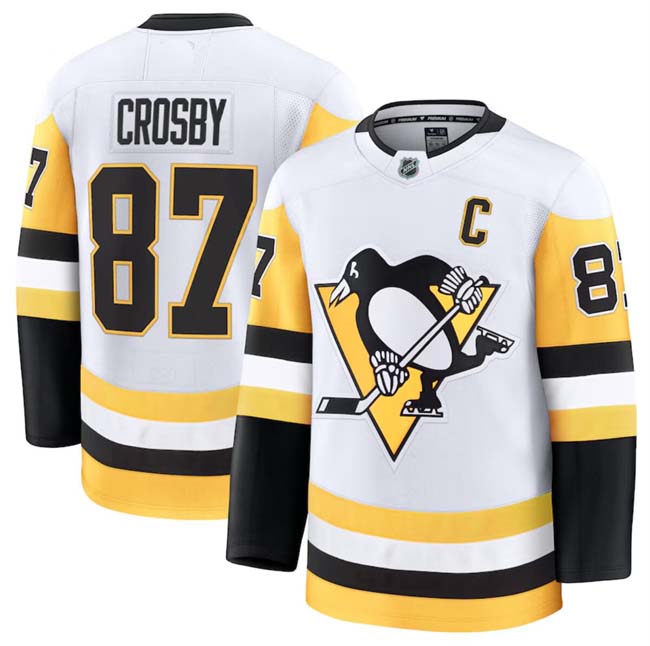Personalized Men’s Pittsburgh Penguins #87 Sidney Crosby White 2024-25 Away Stitched Hockey Jersey