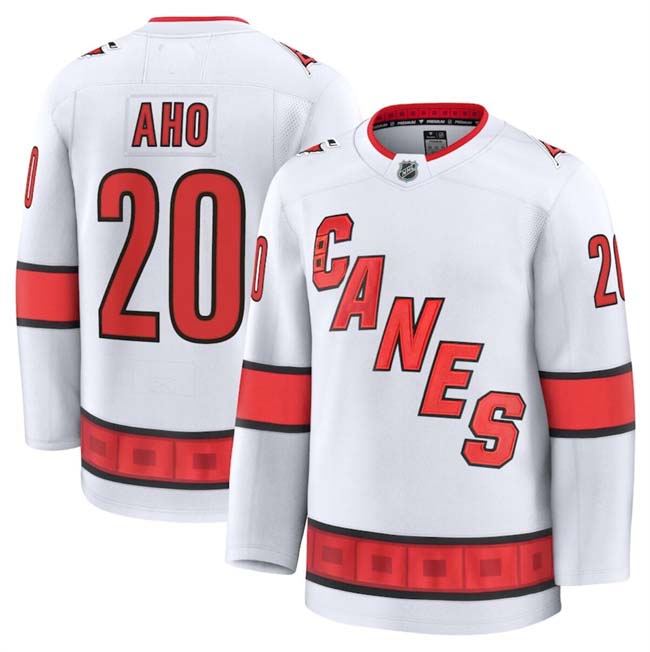 Personalized Men’s Carolina Hurricanes #20 Sebastian Aho White 2024-25 Away Stitched Hockey Jersey