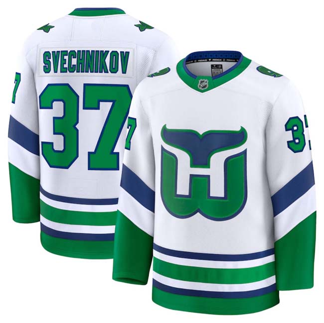 Personalized Men’s Carolina Hurricanes #37 Andrei Svechnikov White 2024-25 Throwback Stitched Hockey Jersey