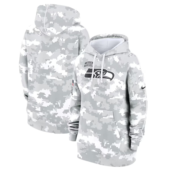 Personalized Women’s Seattle Seahawks 2024 Arctic Camo Salute To Service Club Fleece Pullover Hoodie(Run Small)