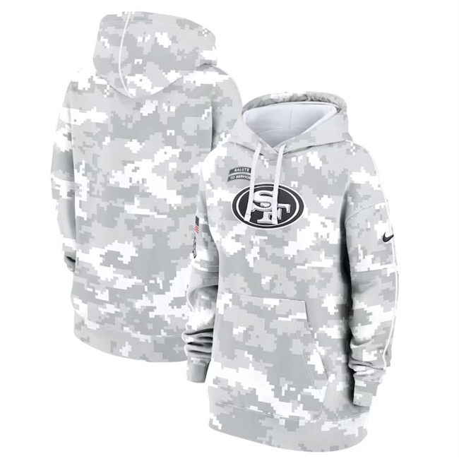 Personalized Women’s San Francisco 49ers 2024 Arctic Camo Salute To Service Club Fleece Pullover Hoodie(Run Small)