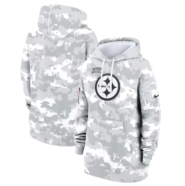 Personalized Women’s Pittsburgh Steelers 2024 Arctic Camo Salute To Service Club Fleece Pullover Hoodie(Run Small)