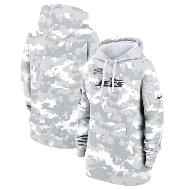 Personalized Women’s New York Jets 2024 Arctic Camo Salute To Service Club Fleece Pullover Hoodie(Run Small)