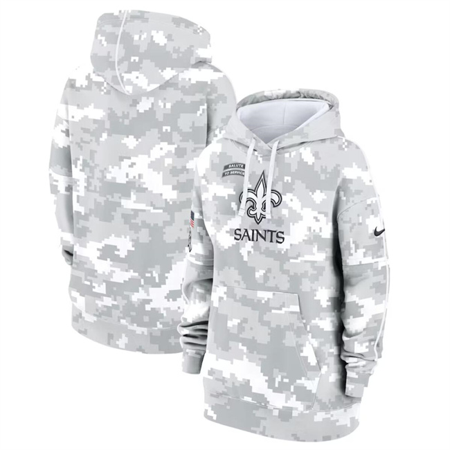 Personalized Women’s New Orleans Saints 2024 Arctic Camo Salute To Service Club Fleece Pullover Hoodie(Run Small)