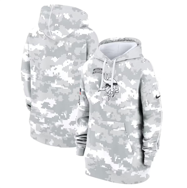 Personalized Women’s Minnesota Vikings 2024 Arctic Camo Salute To Service Club Fleece Pullover Hoodie(Run Small)