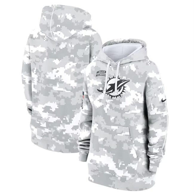 Personalized Women’s Miami Dolphins 2024 Arctic Camo Salute To Service Club Fleece Pullover Hoodie(Run Small)