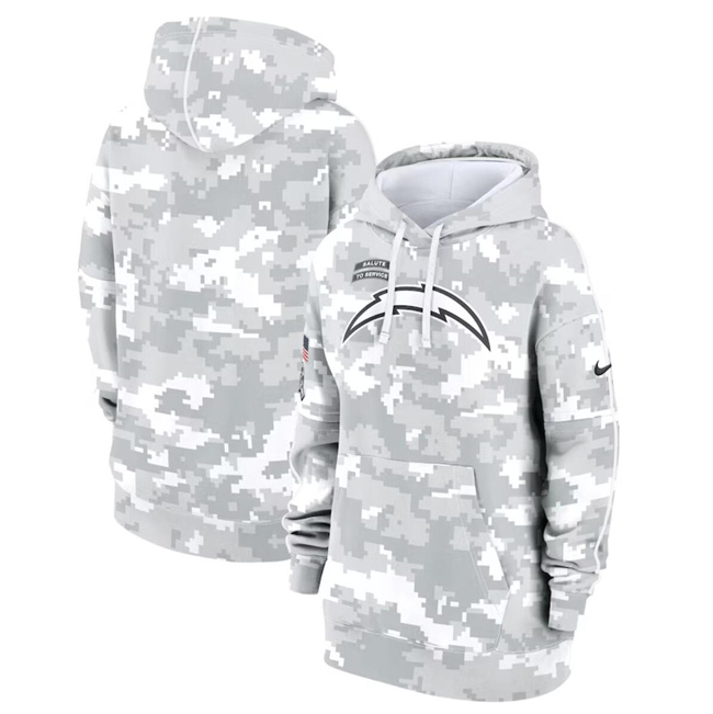 Personalized Women’s Los Angeles Chargers 2024 Arctic Camo Salute To Service Club Fleece Pullover Hoodie(Run Small)
