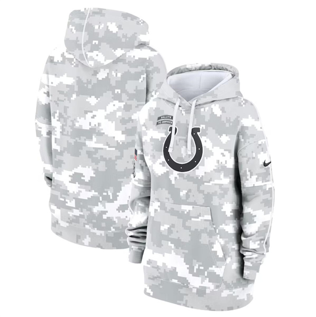 Personalized Women’s Indianapolis Colts 2024 Arctic Camo Salute To Service Club Fleece Pullover Hoodie(Run Small)