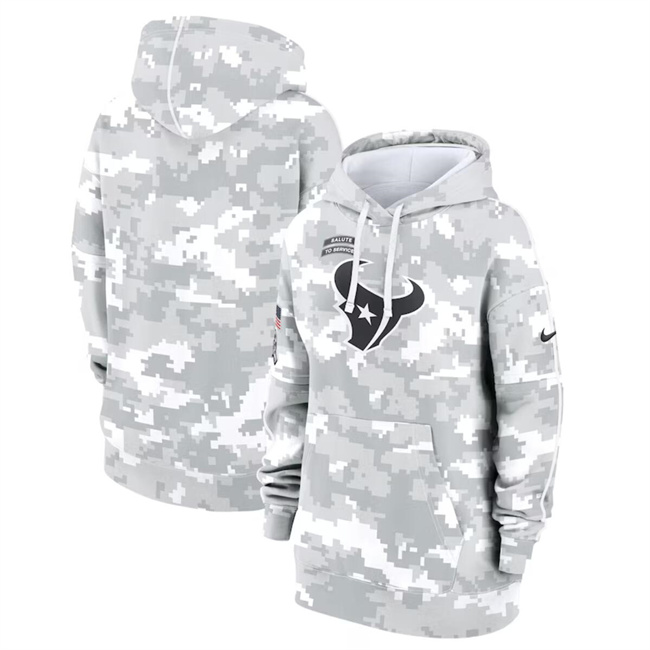 Personalized Women’s Houston Texans 2024 Arctic Camo Salute To Service Club Fleece Pullover Hoodie(Run Small)