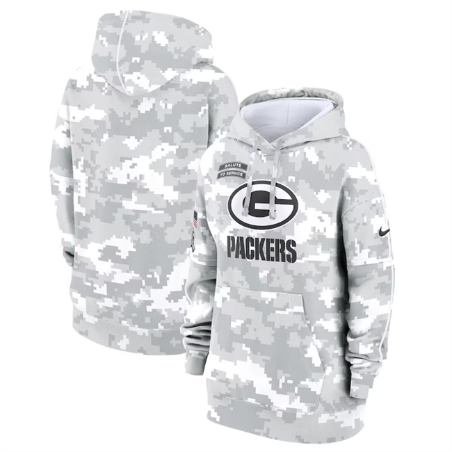 Personalized Women’s Green Bay Packers 2024 Arctic Camo Salute To Service Club Fleece Pullover Hoodie(Run Small)