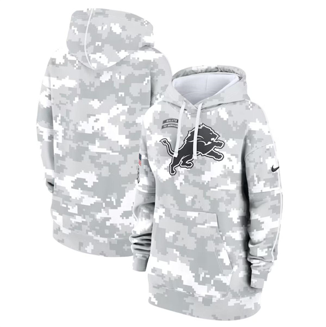Personalized Women’s Detroit Lions 2024 Arctic Camo Salute To Service Club Fleece Pullover Hoodie(Run Small)