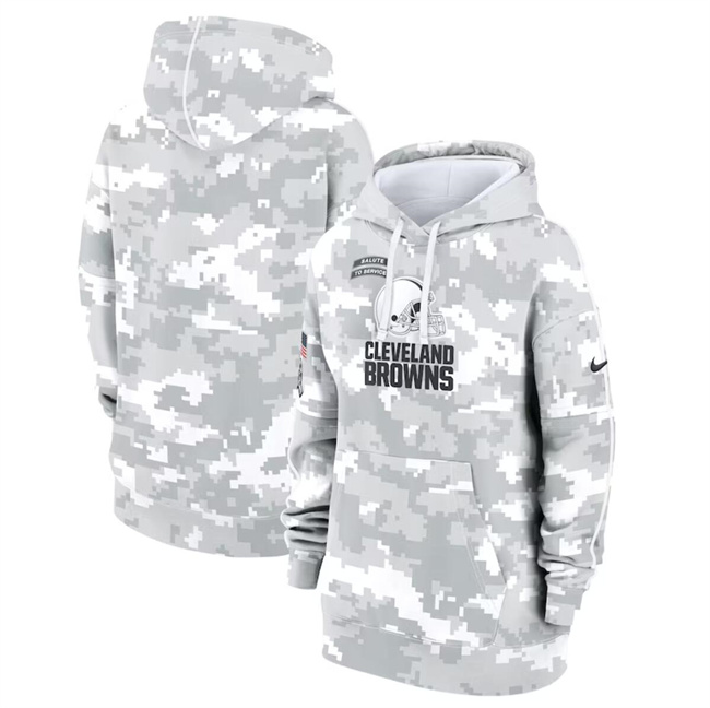 Personalized Women’s Cleveland Browns 2024 Arctic Camo Salute To Service Club Fleece Pullover Hoodie(Run Small)