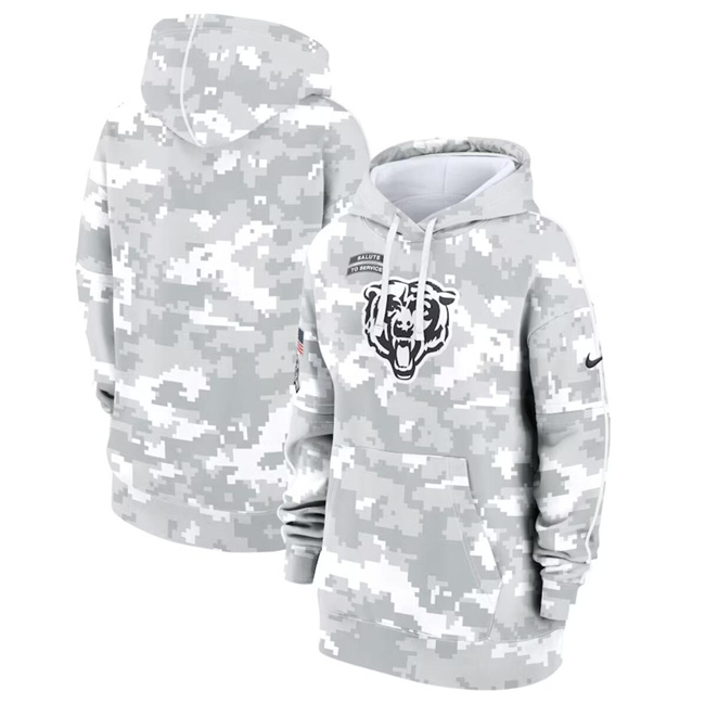 Personalized Women’s Chicago Bears 2024 Arctic Camo Salute To Service Club Fleece Pullover Hoodie(Run Small)
