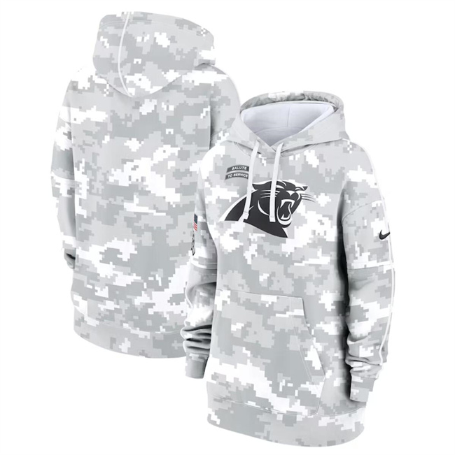Personalized Women’s Carolina Panthers 2024 Arctic Camo Salute To Service Club Fleece Pullover Hoodie(Run Small)