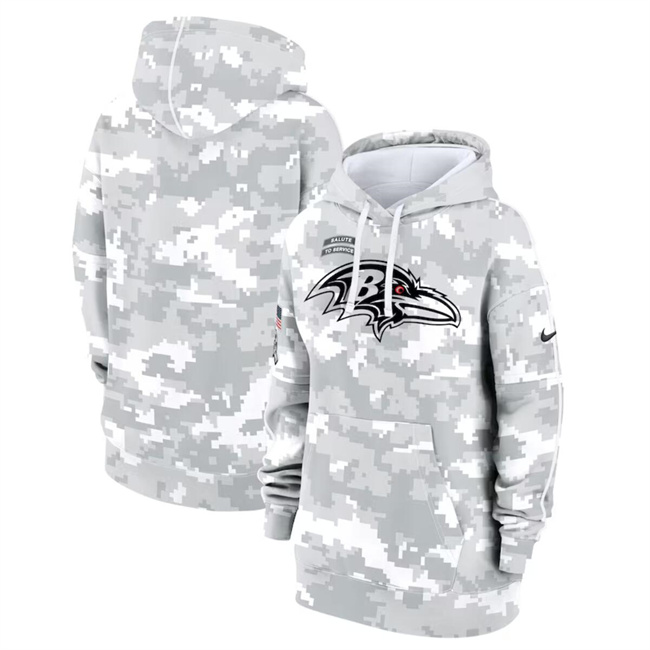Personalized Women’s Baltimore Ravens 2024 Arctic Camo Salute To Service Club Fleece Pullover Hoodie(Run Small)
