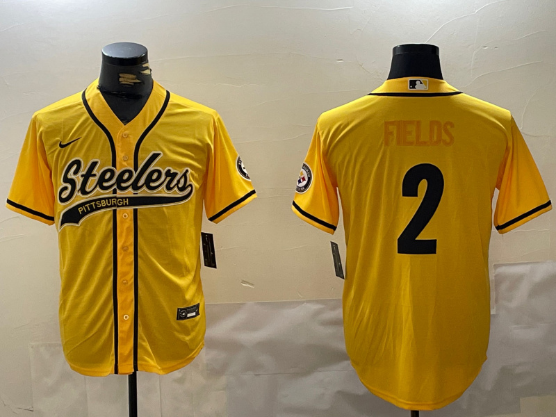 Personalized Men’s Pittsburgh Steelers #2 Justin Fields Yellow With Patch Cool Base Stitched Baseball Jersey