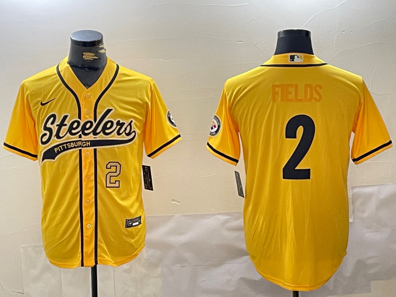 Personalized Men’s Pittsburgh Steelers #2 Justin Fields Yellow With Patch Cool Base Stitched Baseball Jerseys
