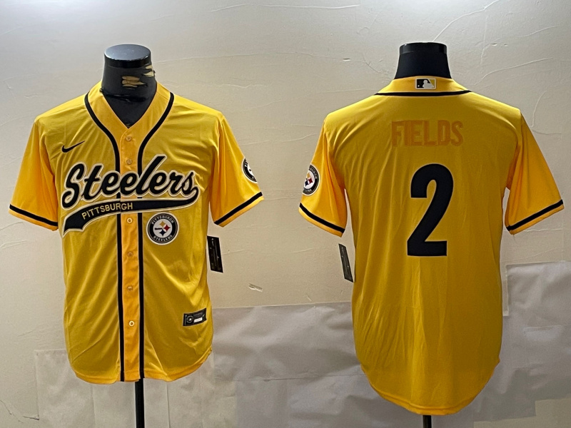 Personalized Men’s Pittsburgh Steelers #2 Justin Fields Yellow With Patch Cool Base Stitched Baseball Jerseys