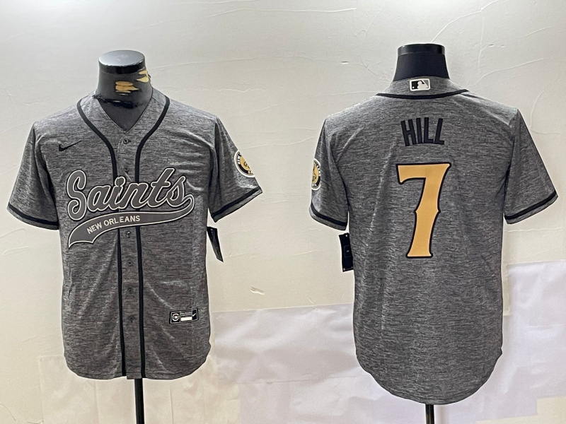 Personalized Men’s New Orleans Saints #7 Taysom Hill Grey With Patch Cool Base Stitched Baseball Jersey