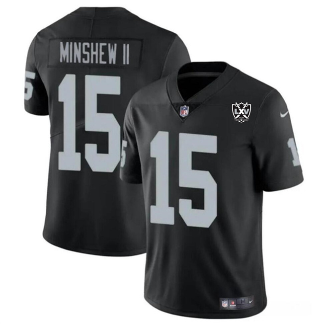 Personalized Men’s Las Vegas Raiders #15 Gardner Minshew II Black 2024 65th Anniversary Patch Stitched Football Jersey