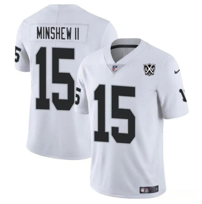 Personalized Men’s Las Vegas Raiders #15 Gardner Minshew II White 2024 65th Anniversary Patch Stitched Football Jersey