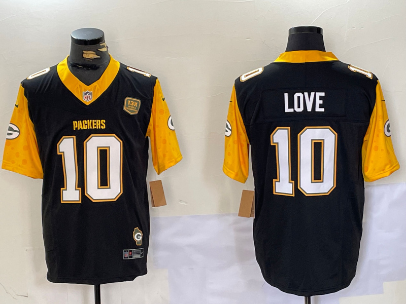 Personalized Men’s Green Bay Packers #10 Jordan Love Black White Gold 2024 F.U.S.E. Home Patch Untouchable Limited Stitched Jersey