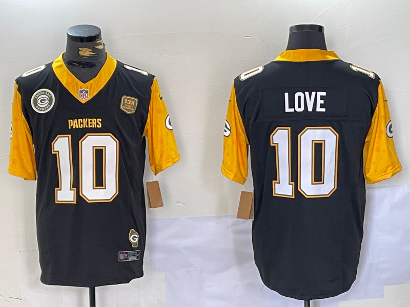 Personalized Men’s Green Bay Packers #10 Jordan Love Black White Gold 2024 F.U.S.E. Home Patch Untouchable Limited Stitched Jerseys