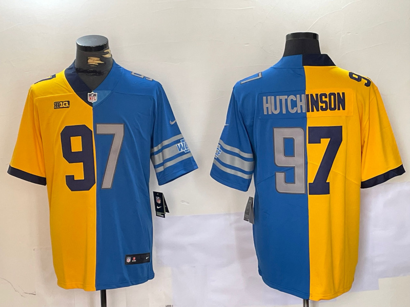 Personalized Men’s Detroit Lions #97 Aidan Hutchinson Yellow Blue Split Limited Stitched Jersey