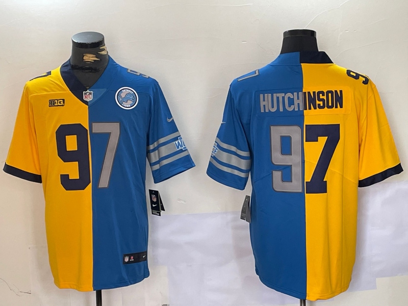 Personalized Men’s Detroit Lions #97 Aidan Hutchinson Yellow Blue Split Limited Stitched Jerseys