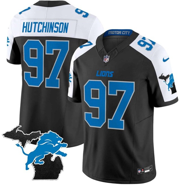 Personalized Men’s Detroit Lions #97 Aidan Hutchinson Black White F.U.S.E. 2024 Michigan Patch Limited Stitched Jersey