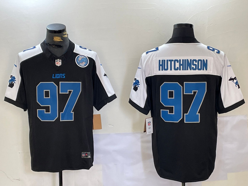 Personalized Men’s Detroit Lions #97 Aidan Hutchinson Black White F.U.S.E. 2024 Michigan Patch Limited Stitched Jerseys