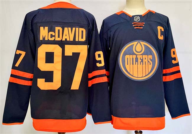Personalized Men’s Edmonton Oilers #97 Connor McDavid Navy 2024-25 C Patch Stitched Jersey